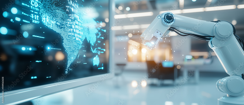 Poster robotic arm interacts with digital holographic display showcasing world map in futuristic, high tech environment, symbolizing innovation and advanced technology