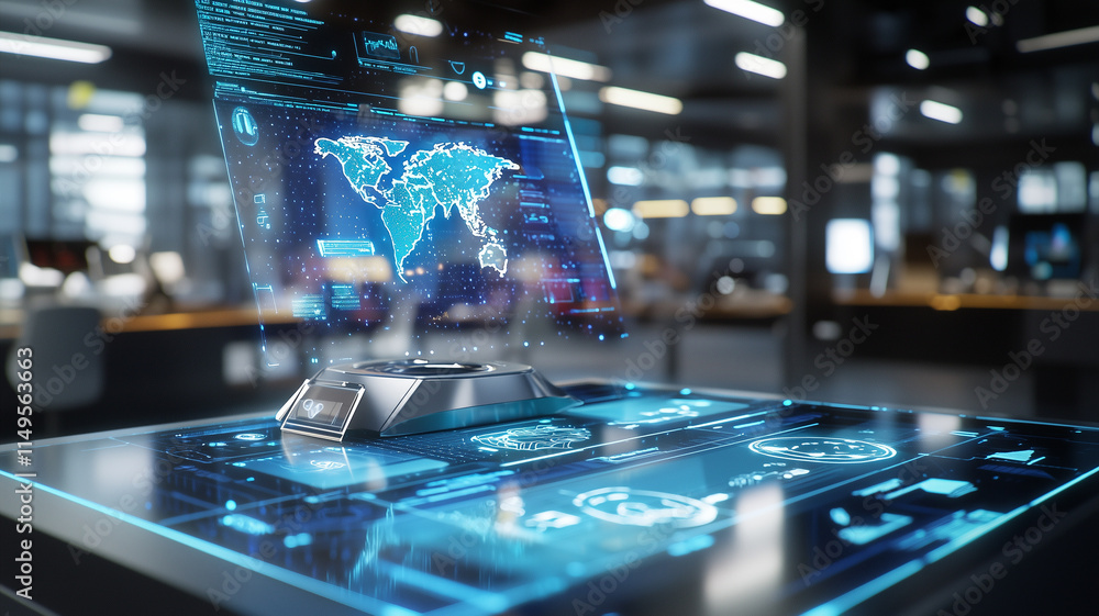 Poster futuristic holographic interface displaying world map and data visualization in modern office environment, showcasing advanced technology and innovation