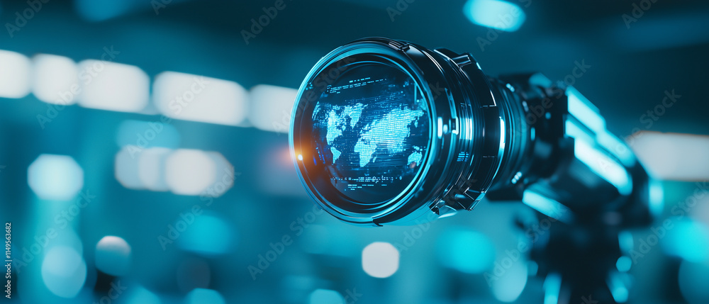 Poster futuristic robotic arm holding lens like device projecting holographic world map in high tech, blue 