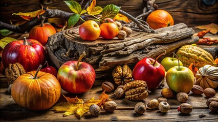 Rustic Autumnal Still Life: Dried Branch with Seasonal Foods