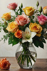 Lush bouquet of vibrant roses and elegant lilies in a clear vase on wooden table