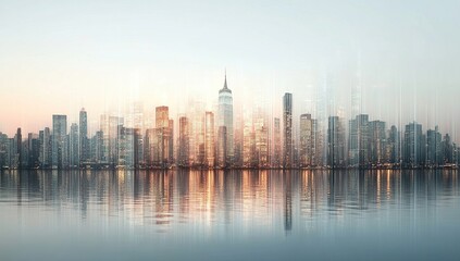 Fototapeta premium Cityscape at Dawn: Skyscrapers Reflecting in Water, Urban Metropolis, Golden Hour Skyline, Architectural Marvels, Stunning City Views