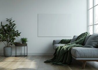 Minimalist living room interior with gray sofa, green throw, plants, and blank canvas.