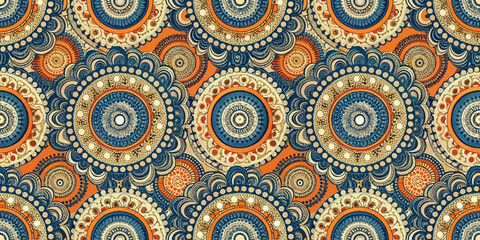 Colorful mandala pattern featuring intricate designs in blue, orange, and cream tones.