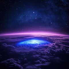 Fototapeta premium Earthrise, cosmic sunrise, vibrant purple atmosphere, glowing horizon, starlit night sky.