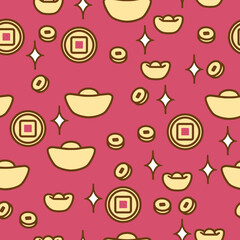 Prosperity and Lucky Gold Money ingot and Coins. This seamless pattern perfect for Chinese New Year decorations, festive fabrics, wallpapers, gift wrap, celebrating festival, and as lucky charm