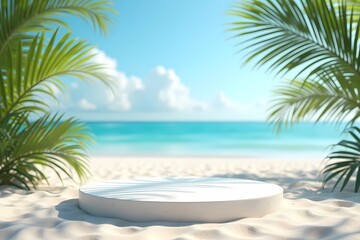 Minimalist Product Display Podium with Waves and Blue Sky Backdrop.