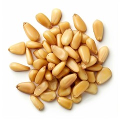 Shelled pine nuts are creating a small pile on a white background, ready to be used in a recipe