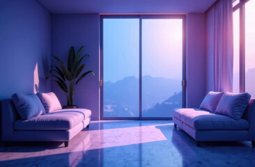 Serene modern living room with mountain view and contemporary furniture