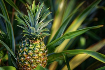 Fototapeta premium Ripe pineapple growing on a plant in a tropical plantation
