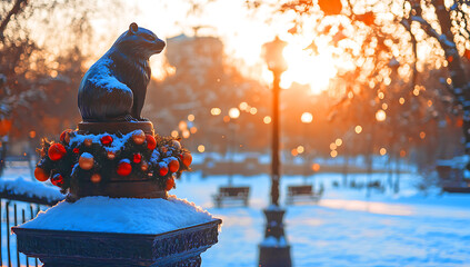 Snowy Winter Evening Scene in a City Park with Festive Decorations. A charming winter scene at dusk in a city park.