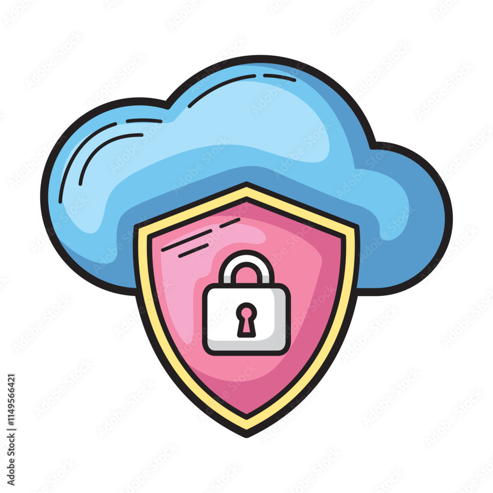 Poster cloud data security represented with shield padlock. suitable for cybersecurity, technology, cloud c