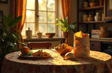 Sunlit kitchen table with fresh vegetables and cozy decor