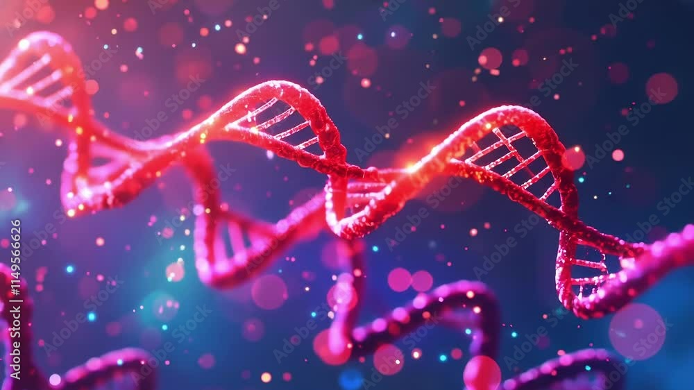 Poster red dna double helix rotating in a dark microscopic environment with glowing particles, representing