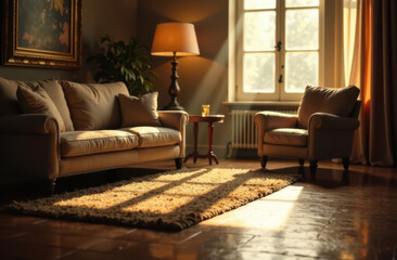 Fototapeta premium Cozy living room with sunlit sofa and armchair by window