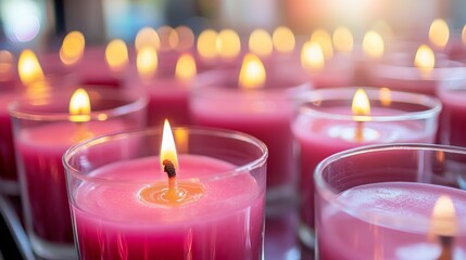Bright pink candle flames gently dance in glass holders, creating a peaceful atmosphere for contemplation and prayer within the church. The warm light envelops the space, inviting reflection