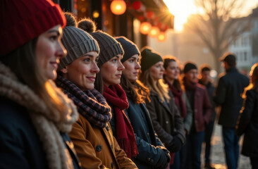 Diverse group of young caucasian women enjoying a winter street festival at sunset