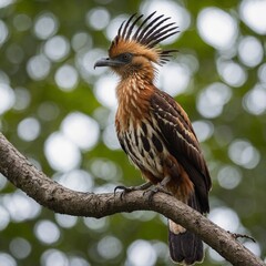 A juvenile hoatzin with its tiny claws on wings, perched on a small branch, clear with a white background.