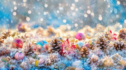 Obraz premium Festive Christmas ornaments and pine cones nestled in snowy landscape.