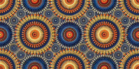 Fototapeta premium Intricate geometric pattern featuring circular designs in vibrant orange, blue, and yellow tones.