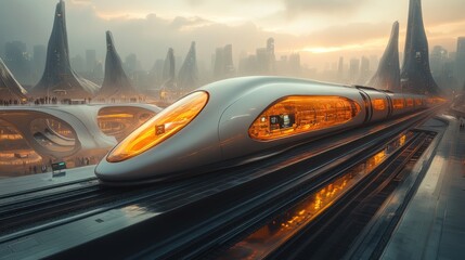 Obraz premium Futuristic train on elevated tracks in a city with modern architecture at sunset. Passengers are on the platform.
