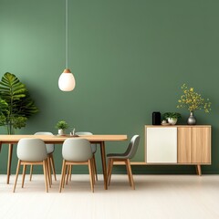 Mid Century Scandinavian Dining Set Against Green Wall in Modern Home Interior Design