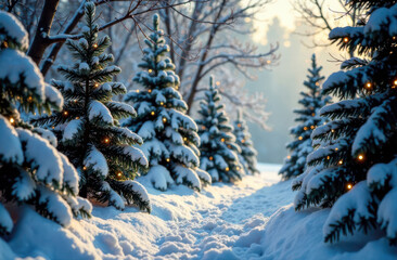 Snowy winter path with christmas trees and golden lights in a forest