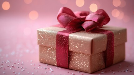 Fototapeta premium Glittery gift box with red ribbon on pink background.