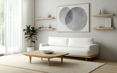 Minimalist living room interior with white sofa, wooden coffee table, and artwork.