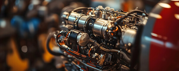Naklejka na ściany i meble Close-up of an intricate engine showcasing mechanical components and design.