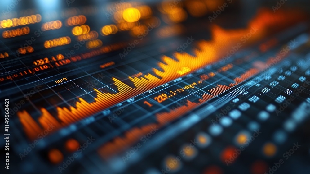 Poster close-up of stock market data displayed on a screen showing fluctuating graphs and numbers.