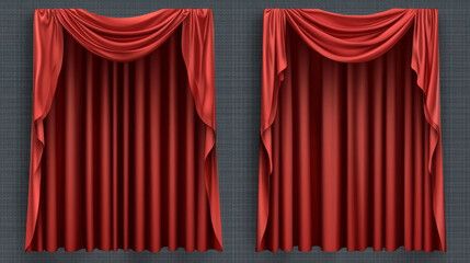 Red theater stage curtains set isolated on transparent background. Vector realistic illustration of open, closed velvet cloth drapery for show scene decoration, concert hall interior design elements