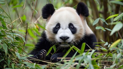Obraz premium Playful Giant Panda Among Lush Green Bamboo Leaves in Nature