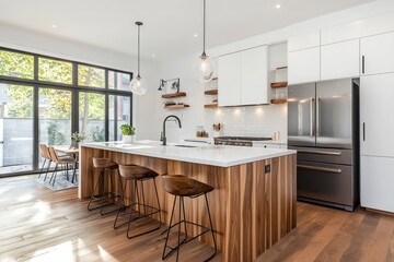 Obraz premium 3D rendering of a modern open-concept kitchen with white island and barstools, wood grain color accents, light wooden floor, and living room in the background with daylight through windows