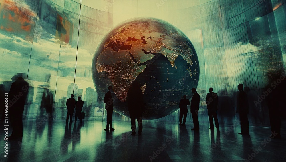 Poster global business: professionals observe a world map in modern architecture, contemplating internation