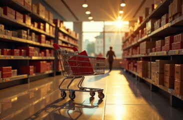 Shopping cart in sunlit store aisle with silhouetted shopper at sunset
