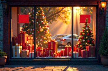 Festive holiday storefront display with christmas trees and gift boxes