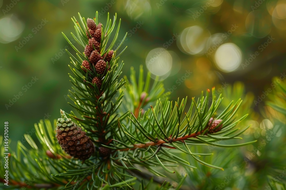 Poster new pine cones growing on a pine tree branch in spring with a blurred bokeh background