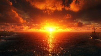 Obraz premium Fiery sunset over ocean with distant sailing ship.