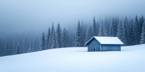 Naklejka premium Rustic wooden cabin blanketed in snow, set against a backdrop of frost-covered pine trees and a soft, misty atmosphere of a winter forest
