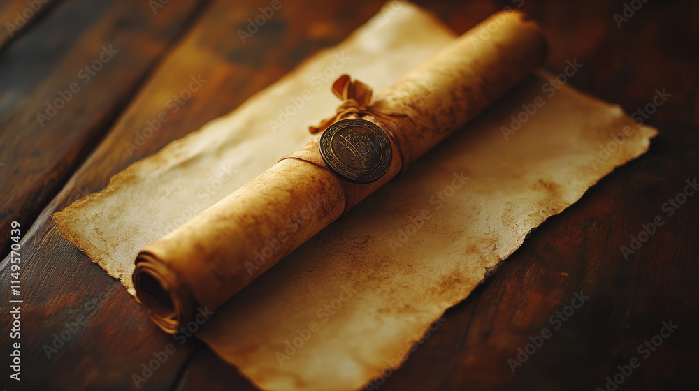 Poster old magic parchment paper scroll game ui icon. ancient medieval papyrus roll frame for fantasy fairy