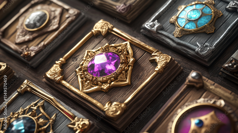 Poster rank avatar frame, fantasy game ui button icon. gold and metal round level ring design with crown. m