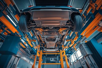 Undercarriage of a four wheel drive vehicle in a professional workshop with vibrant details