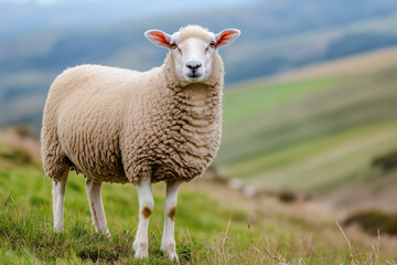 Fototapeta premium Sheep standing on a grassy hillside in the English countryside