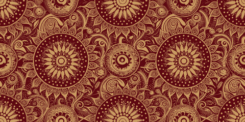 Intricate maroon and gold floral pattern featuring sun motifs.