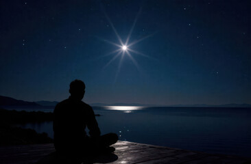 Fototapeta premium Silhouette of caucasian male adult gazing at moonlit ocean under starry night sky