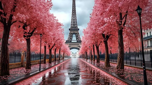 Pink Cherry Blossom Trees Along Pathway Near Eiffel Tower