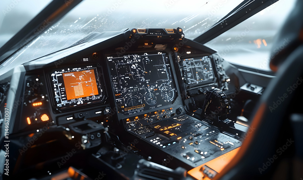 Poster a modern aircraft cockpit featuring advanced displays and controls for navigation and operation.
