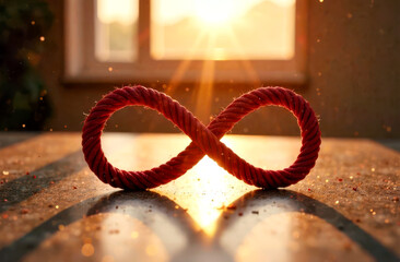 Rope forming infinity symbol with sunlight through window in tranquil setting