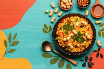 India food, A vibrant plate of poha garnished with peanuts and fresh coriander, beautifully presented and ready to serve in a delightful culinary setting.